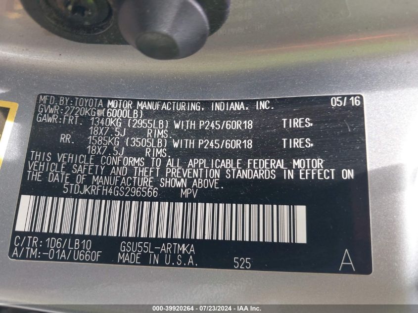 2016 Toyota Highlander Xle V6 VIN: 5TDJKRFH4GS296566 Lot: 39920264