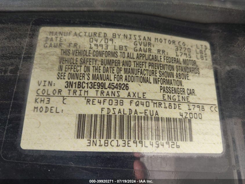 2009 Nissan Versa 1.8S VIN: 3N1BC13E99L454926 Lot: 39920271