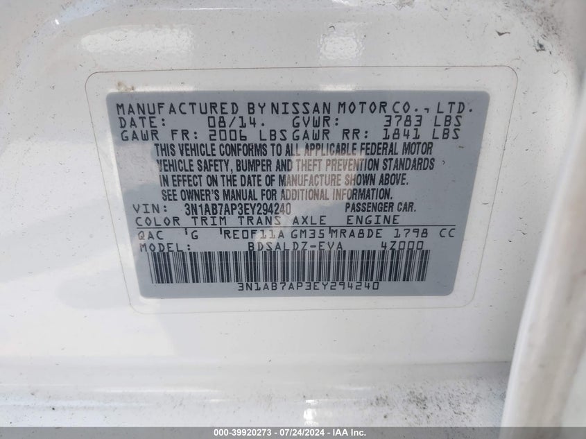 2014 Nissan Sentra S/Sv/Sr/Sl VIN: 3N1AB7AP3EY294240 Lot: 39920273