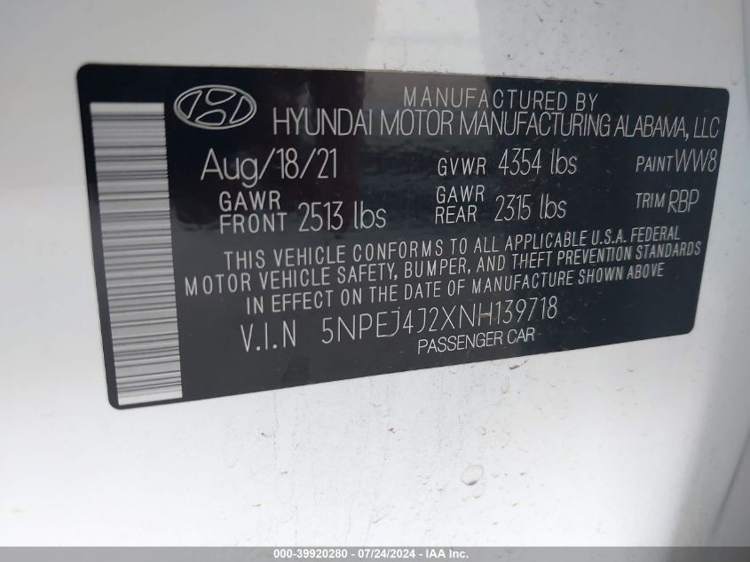 VIN 5NPEJ4J2XNH139718 2022 HYUNDAI SONATA SEL PLUS