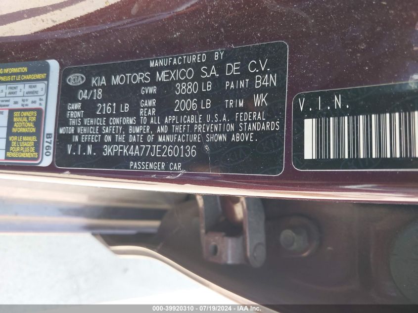 2018 Kia Forte Lx VIN: 3KPFK4A77JE260136 Lot: 39920310
