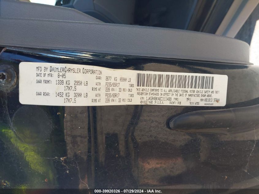 2006 Jeep Grand Cherokee Laredo VIN: 1J4GR48K46C111489 Lot: 39920326