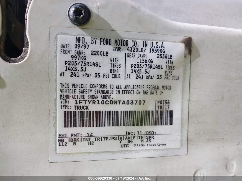 1998 Ford Ranger Splash/Xl/Xlt VIN: 1FTYR10C0WTA03707 Lot: 39920330