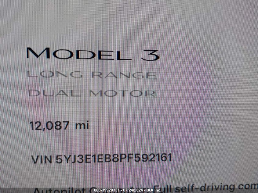 2023 Tesla Model 3 Long Range Dual Motor All-Wheel Drive VIN: 5YJ3E1EB8PF592161 Lot: 39920331