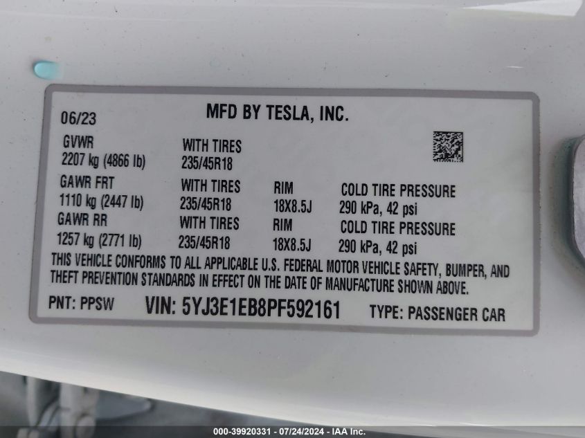 2023 Tesla Model 3 Long Range Dual Motor All-Wheel Drive VIN: 5YJ3E1EB8PF592161 Lot: 39920331