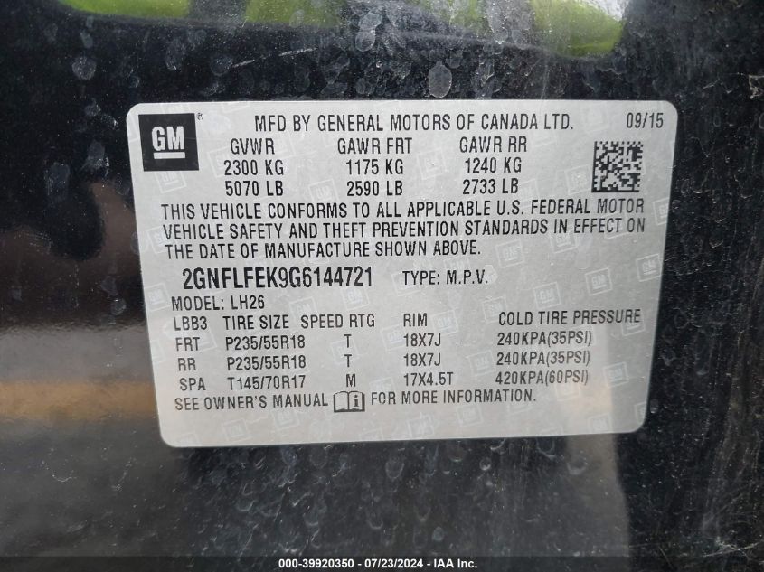 2016 Chevrolet Equinox Lt VIN: 2GNFLFEK9G6144721 Lot: 39920350