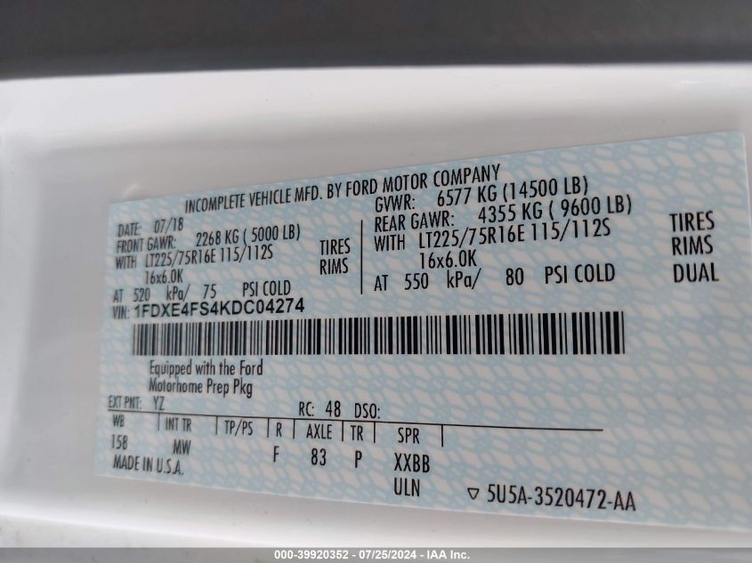 2019 Ford Econoline E450 Super Duty Cutaway V VIN: 1FDXE4FS4KDC04274 Lot: 39920352
