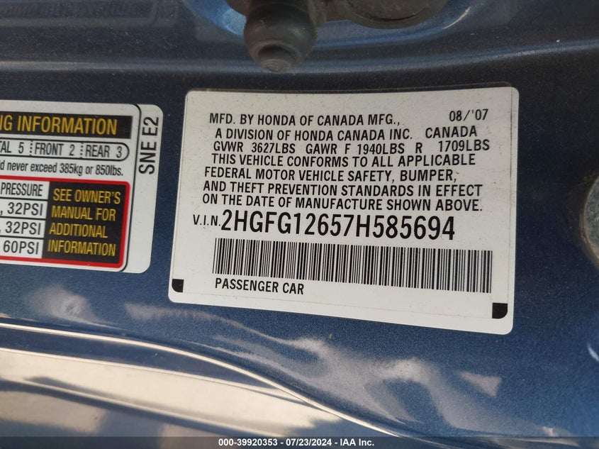 2007 Honda Civic Lx VIN: 2HGFG12657H585694 Lot: 39920353