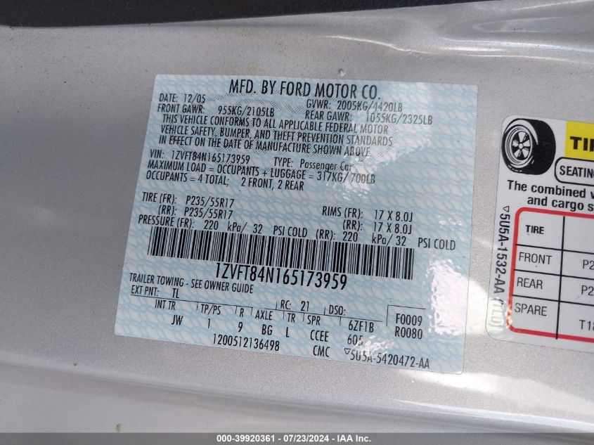 2006 Ford Mustang V6 VIN: 1ZVFT84N165173959 Lot: 39920361