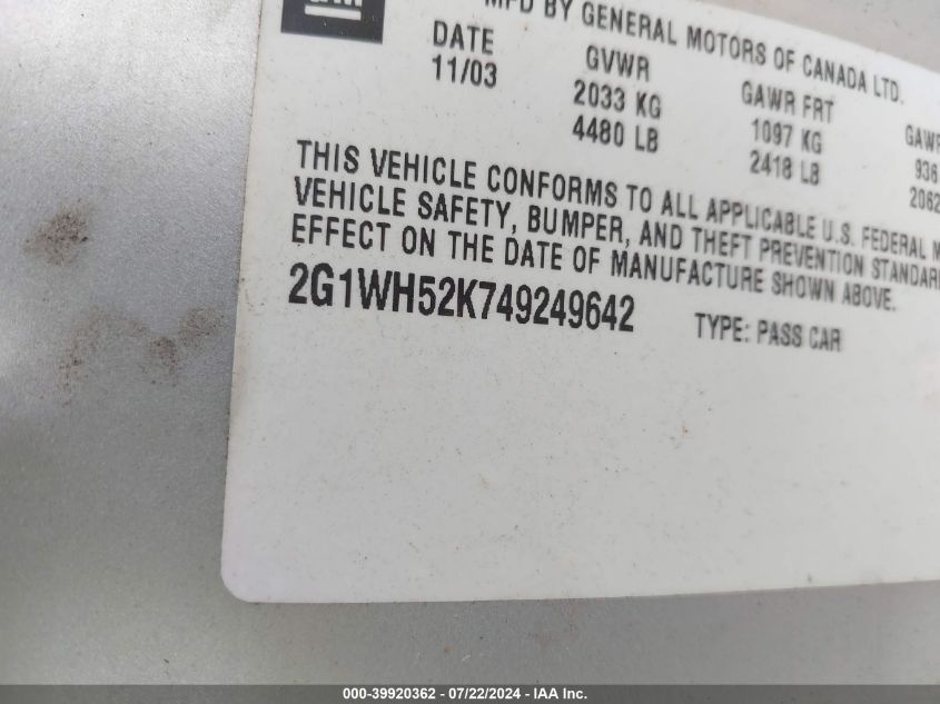 2004 Chevrolet Impala Ls VIN: 2G1WH52K749249642 Lot: 39920362