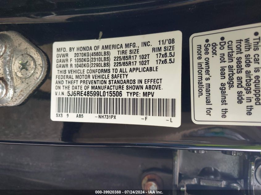 2009 Honda Cr-V Ex VIN: 5J6RE48599L015506 Lot: 39920388