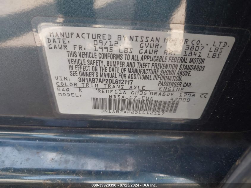 2013 Nissan Sentra Sl VIN: 3N1AB7AP2DL612117 Lot: 39920390