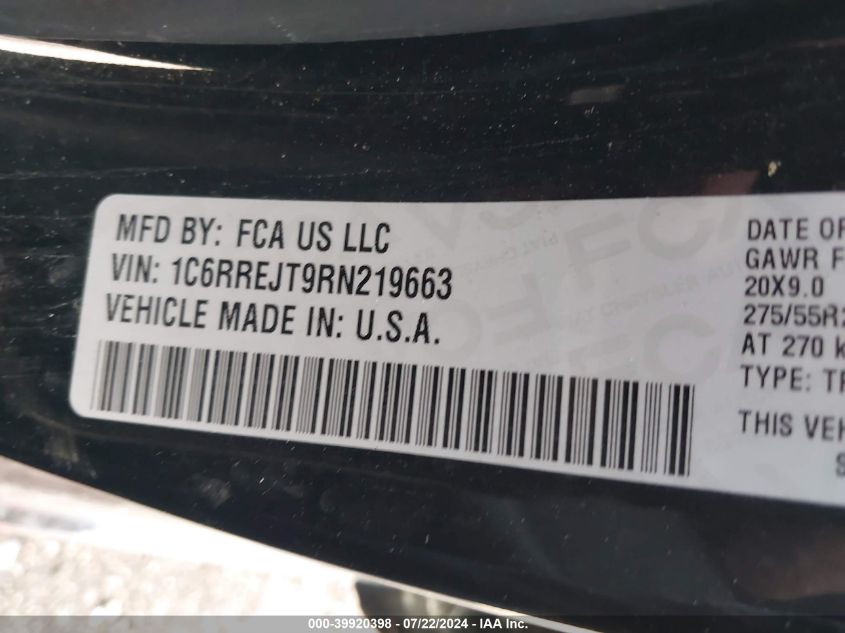 2024 Ram 1500 Laramie 4X2 5'7 Box VIN: 1C6RREJT9RN219663 Lot: 39920398