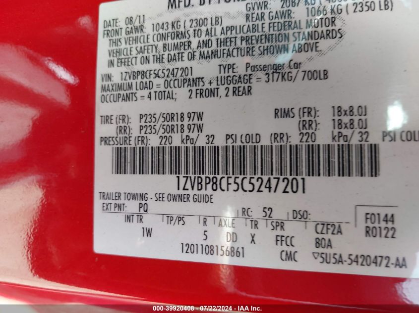 2012 Ford Mustang Gt VIN: 1ZVBP8CF5C5247201 Lot: 39920408