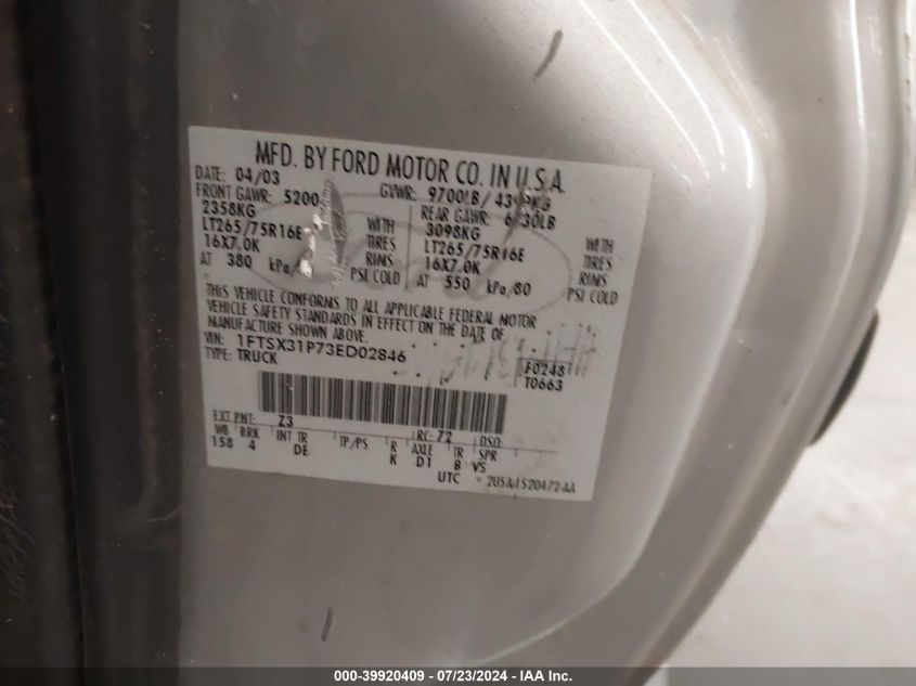2003 Ford F-350 Lariat/Xl/Xlt VIN: 1FTSX31P73ED02846 Lot: 39920409