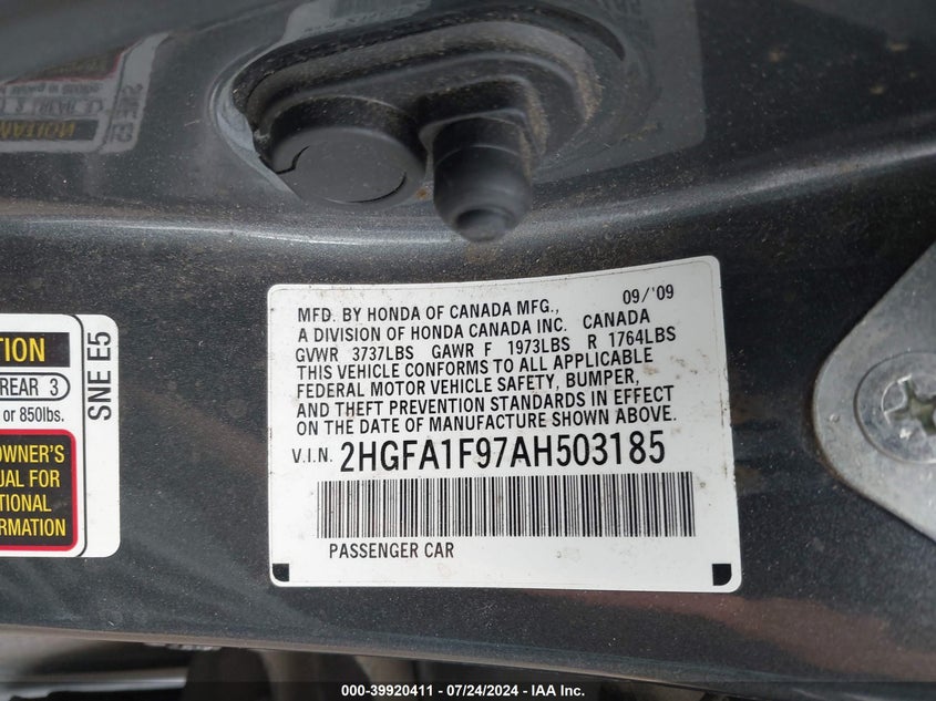 2010 Honda Civic Ex-L VIN: 2HGFA1F97AH503185 Lot: 39920411