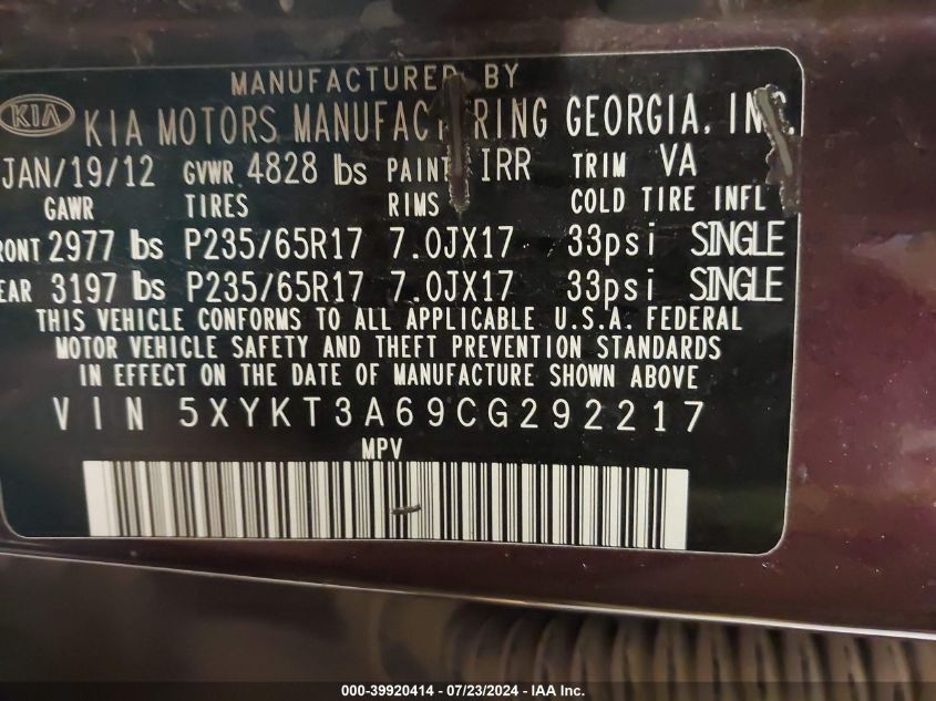 2012 Kia Sorento Lx VIN: 5XYKT3A69CG292217 Lot: 39920414