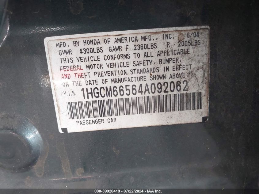 2004 Honda Accord 3.0 Ex VIN: 1HGCM66564A092062 Lot: 39920419