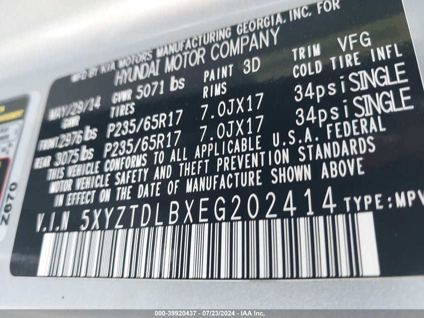 2014 Hyundai Santa Fe Sport VIN: 5XYZTDLBXEG202414 Lot: 39920437