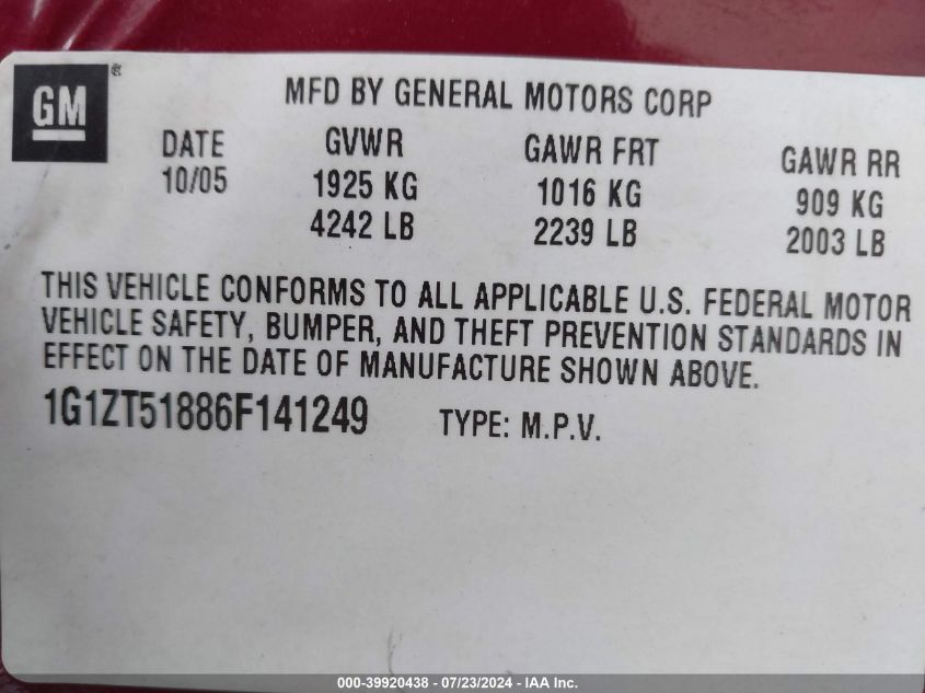 2006 Chevrolet Malibu Lt VIN: 1G1ZT51886F141249 Lot: 39920438