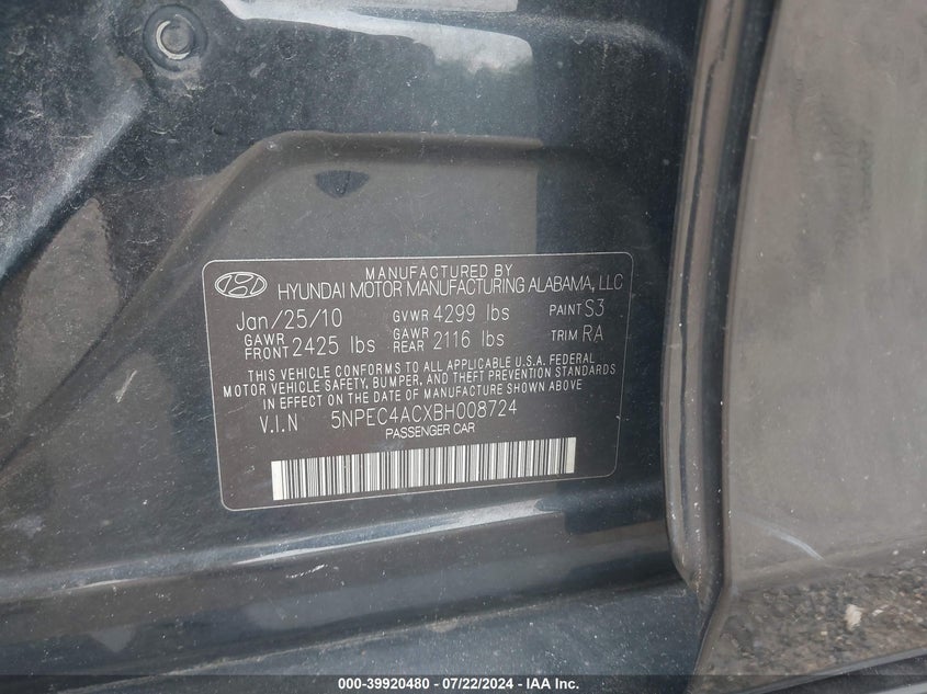 2011 Hyundai Sonata Limited VIN: 5NPEC4ACXBH008724 Lot: 39920480