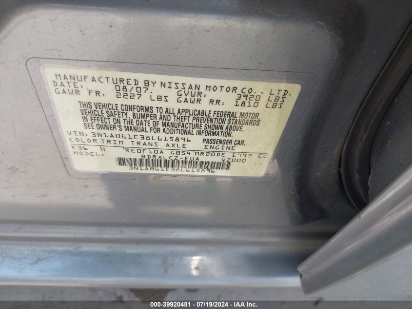 2008 Nissan Sentra 2.0 VIN: 3N1AB61E38L615896 Lot: 39920481