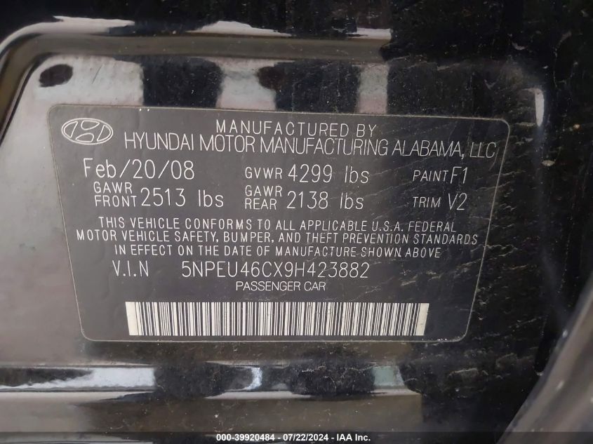 5NPEU46CX9H423882 2009 Hyundai Sonata Limited