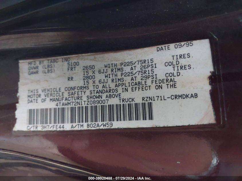 1996 Toyota Tacoma Xtracab VIN: 4TAWM72N1TZ089007 Lot: 39920488