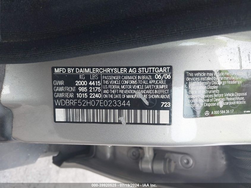 2007 Mercedes-Benz C 230 Sport VIN: WDBRF52H07E023344 Lot: 39920525