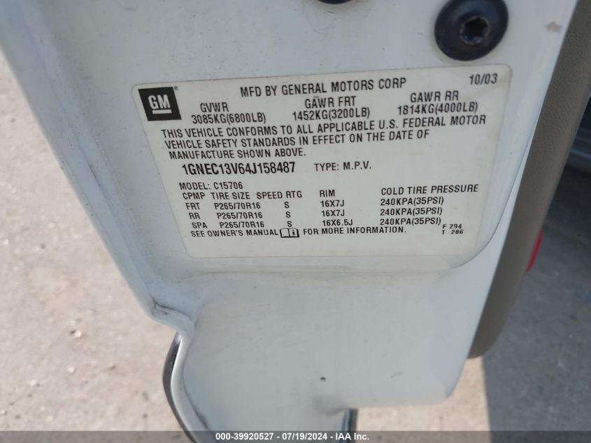 2004 Chevrolet Tahoe Ls VIN: 1GNEC13V64J158487 Lot: 39920527