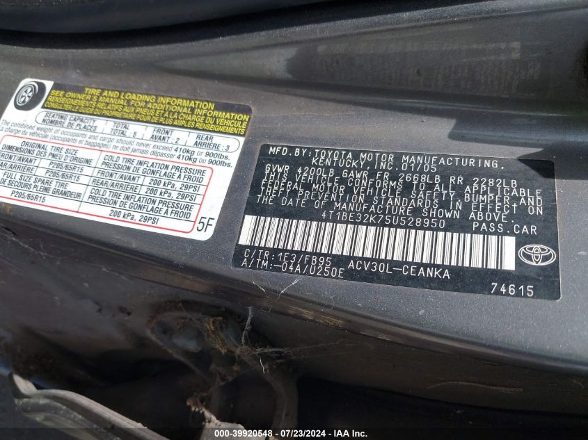 2005 Toyota Camry Le/Xle/Se VIN: 4T1BE32K75U528950 Lot: 39920548