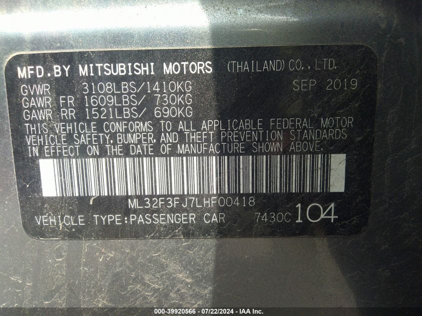 2020 Mitsubishi Mirage G4 Es VIN: ML32F3FJ7LHF00418 Lot: 39920566