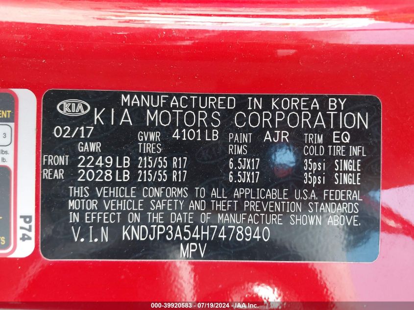 2017 Kia Soul + VIN: KNDJP3A54H7478940 Lot: 39920583