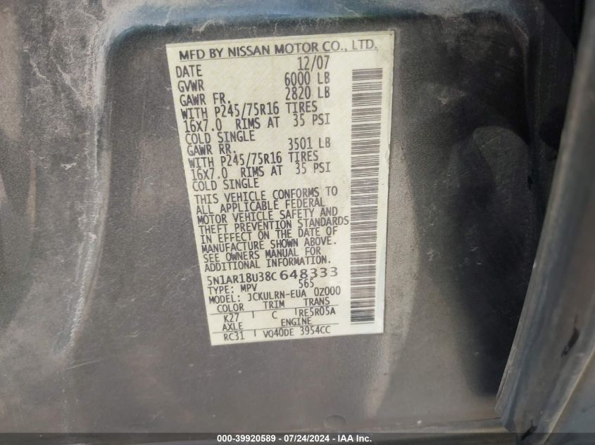 2008 Nissan Pathfinder S VIN: 5N1AR18U38C648333 Lot: 39920589