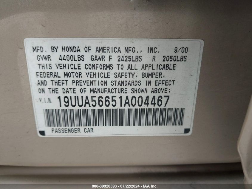 2001 Acura Tl 3.2 VIN: 19UUA56651A004467 Lot: 39920593