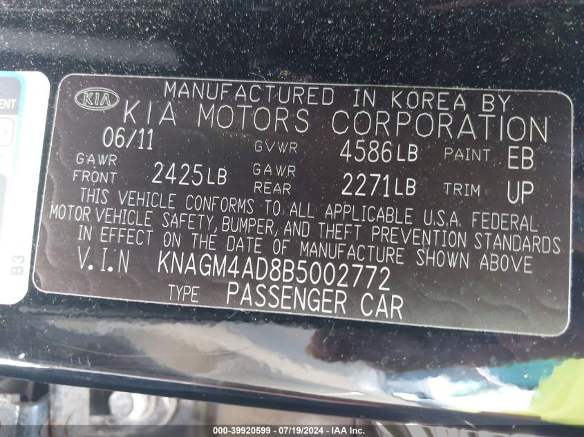 2011 Kia Optima Hybrid Ex VIN: KNAGM4AD8B5002772 Lot: 39920599