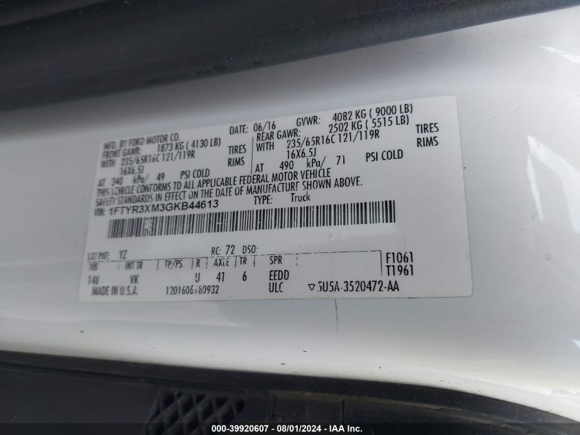 2016 Ford Transit-250 VIN: 1FTYR3XM3GKB44613 Lot: 39920607