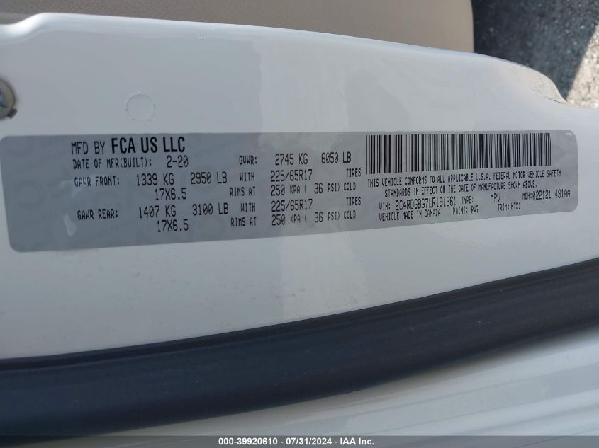 2020 Dodge Grand Caravan Se VIN: 2C4RDGBG7LR191361 Lot: 39920610