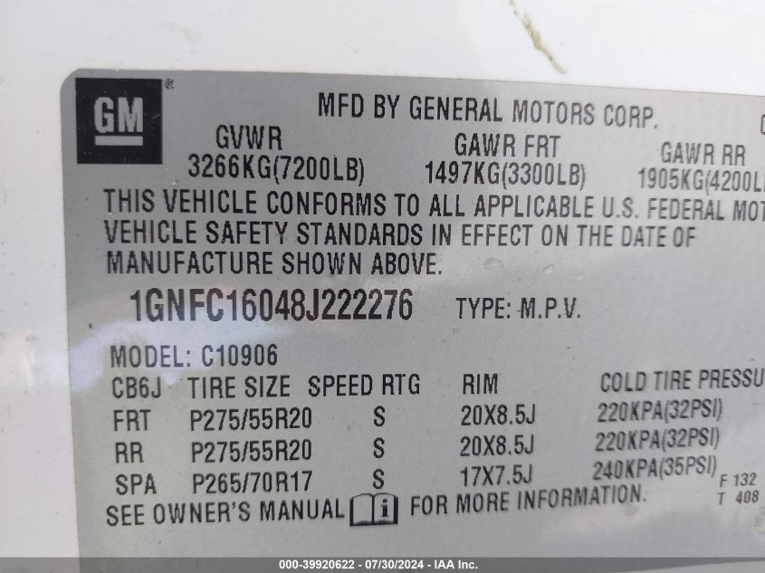 2008 Chevrolet Suburban 1500 Ltz VIN: 1GNFC16048J222276 Lot: 39920622