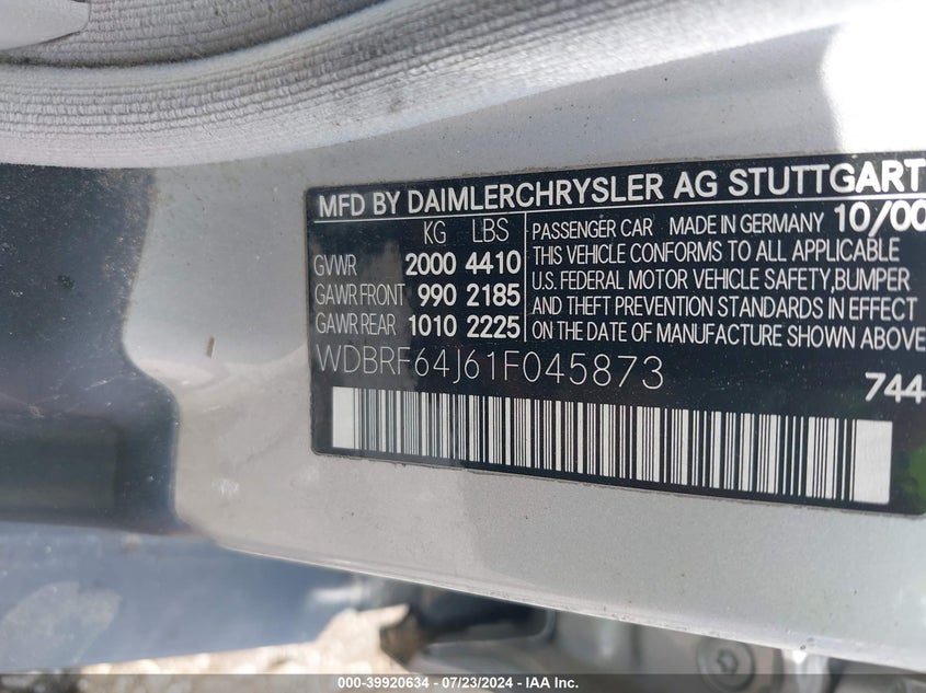 2001 Mercedes-Benz C 320 VIN: WDBRF64J61F045873 Lot: 39920634