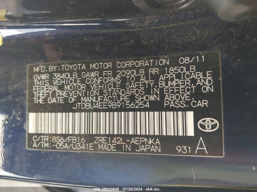 2011 Toyota Corolla Le VIN: JTDBU4EE9B9156254 Lot: 39920646
