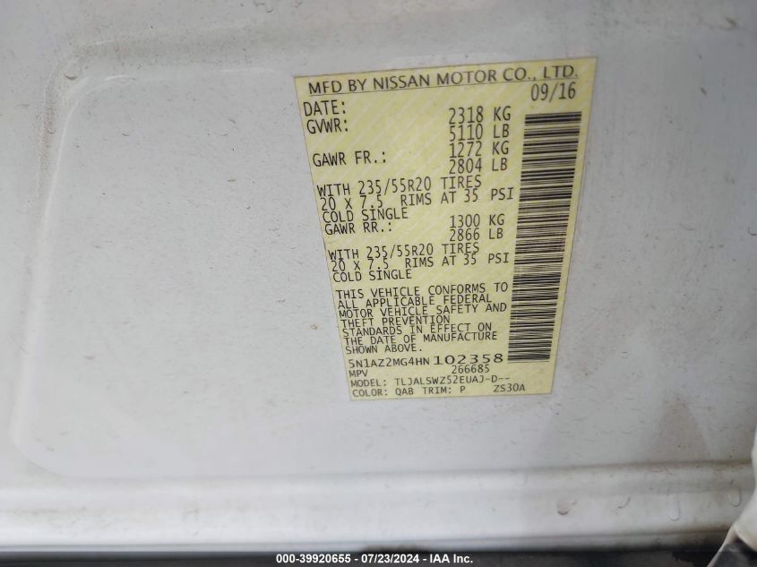2017 Nissan Murano S/Sl/Sv/Platinum VIN: 5N1AZ2MG4HN102358 Lot: 39920655