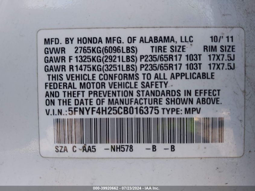 2012 Honda Pilot Lx VIN: 5FNYF4H25CB016375 Lot: 39920662