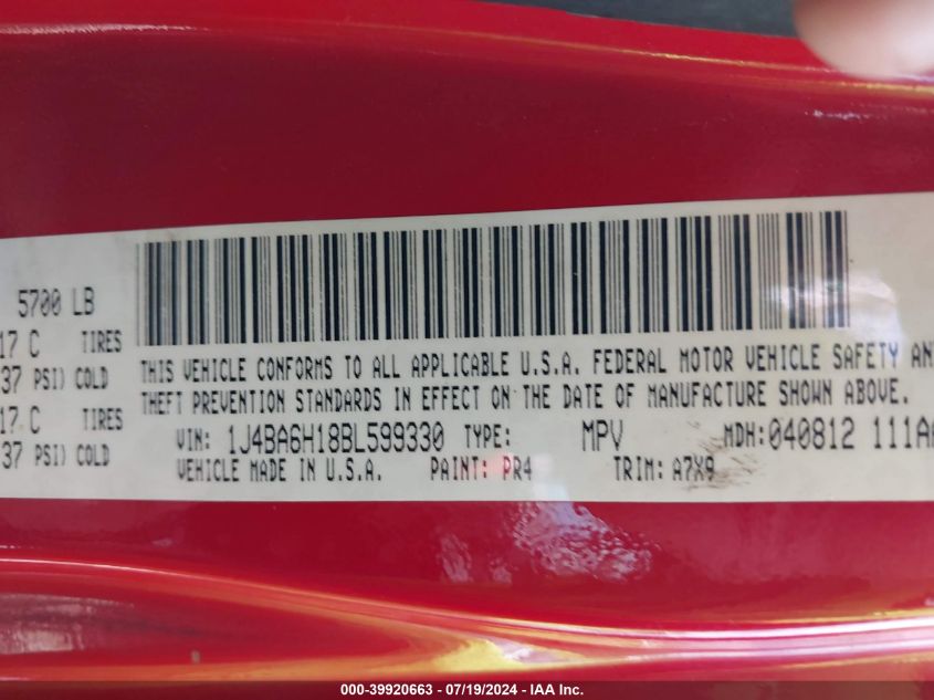 2011 Jeep Wrangler Unlimited Rubicon VIN: 1J4BA6H18BL599330 Lot: 39920663