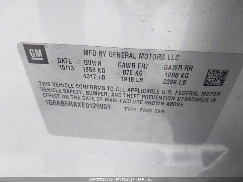 2014 Cadillac Ats Luxury VIN: 1G6AB5RAXE0126951 Lot: 39920666