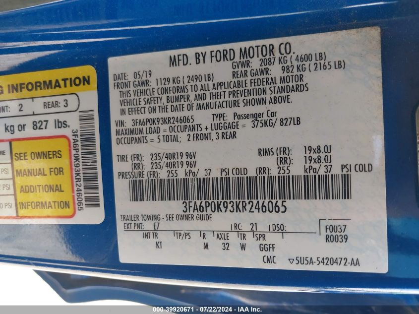 2019 Ford Fusion Titanium VIN: 3FA6P0K93KR246065 Lot: 39920671