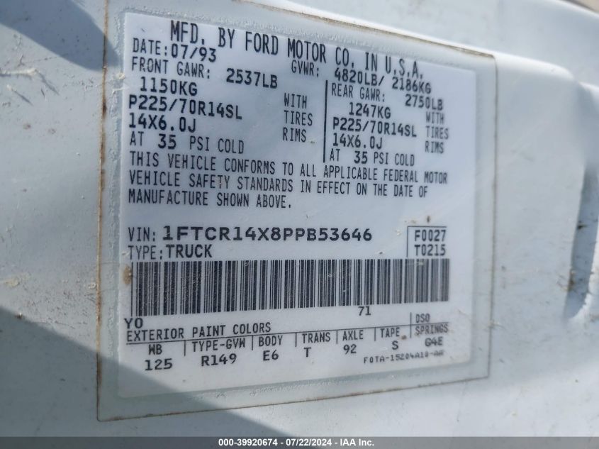 1993 Ford Ranger Super Cab VIN: 1FTCR14X8PPB53646 Lot: 39920674