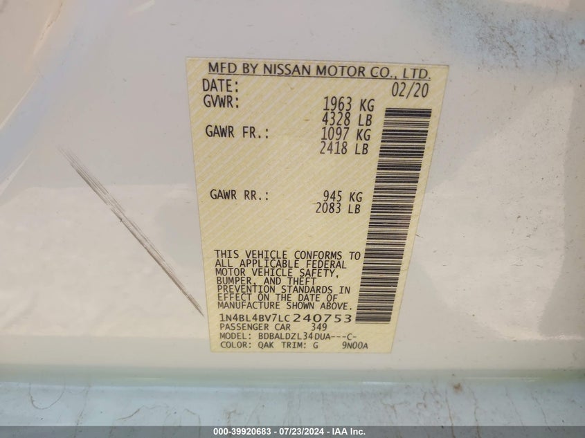 2020 Nissan Altima S VIN: 1N4BL4BV7LC240753 Lot: 39920683