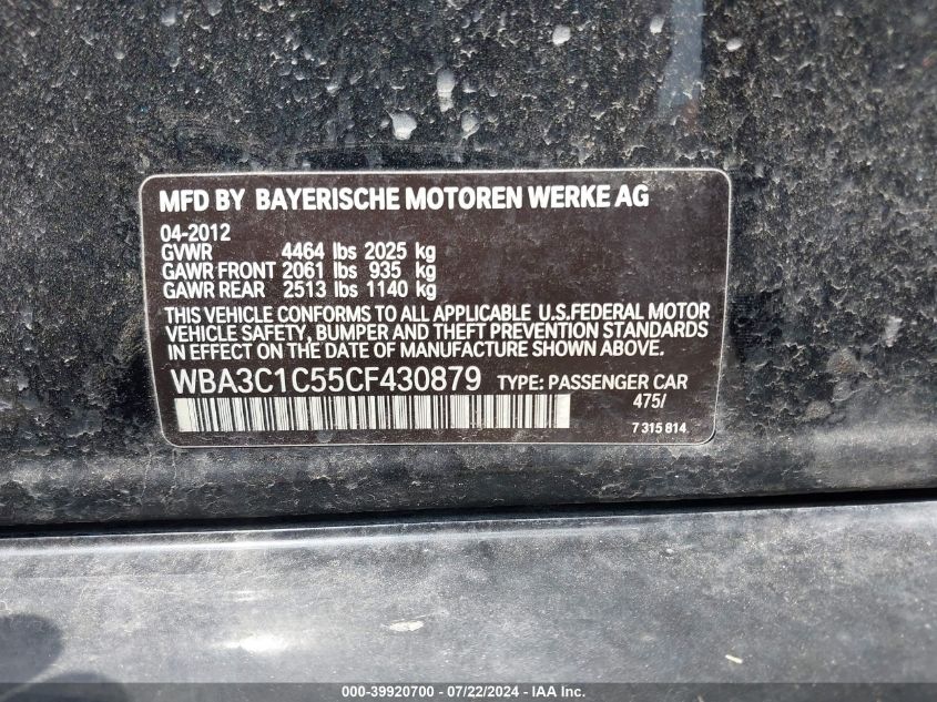 2012 BMW 328I VIN: WBA3C1C55CF430879 Lot: 39920700