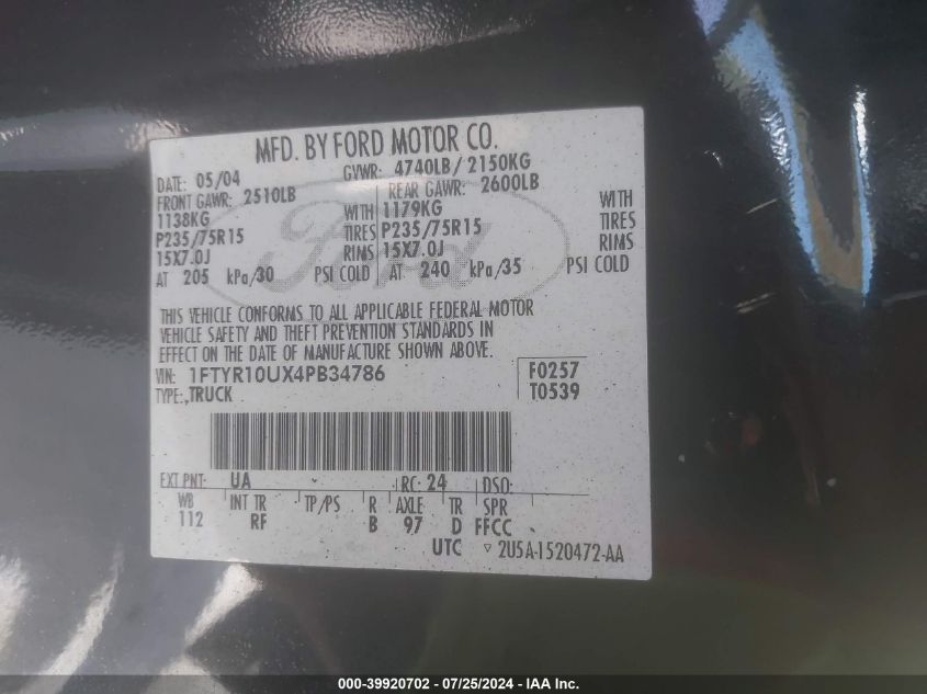 2004 Ford Ranger Edge/Xl/Xlt VIN: 1FTYR10UX4PB34786 Lot: 39920702